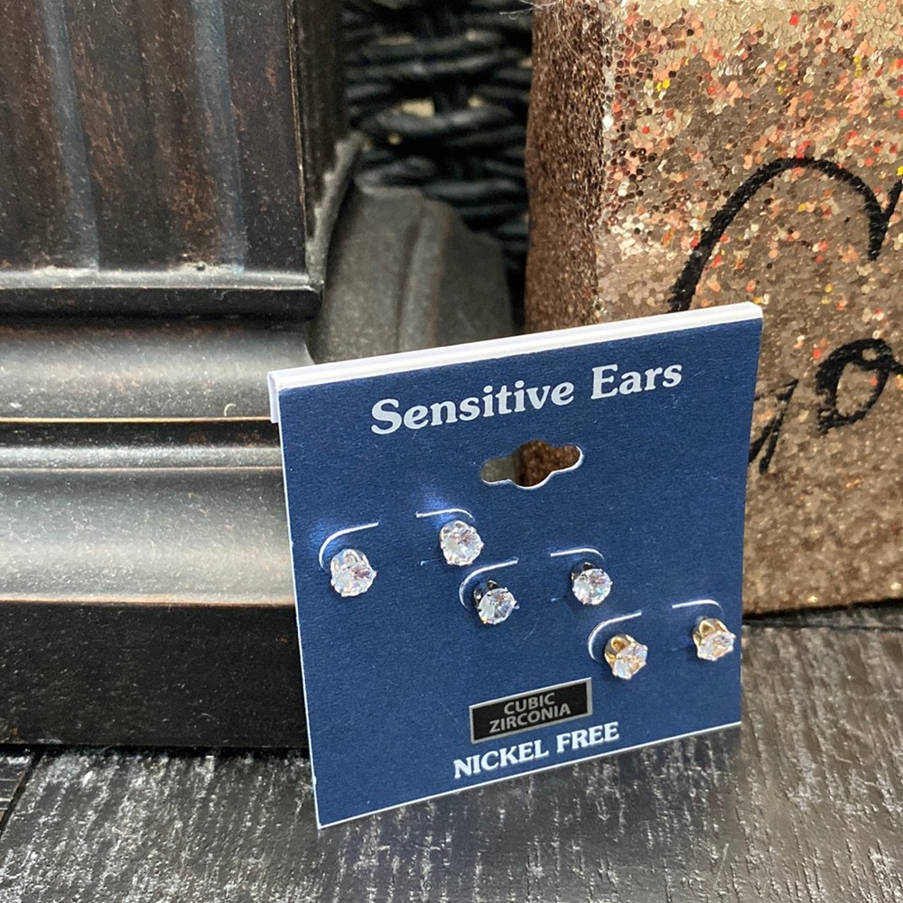 NWOT Sensitive Ears 3 Pr. CZ Pierced Earrings!